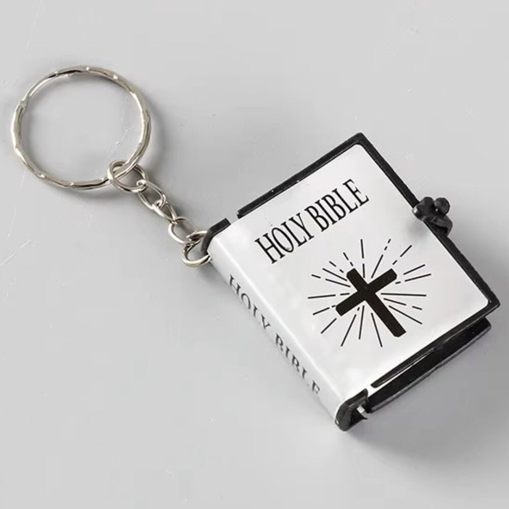 Silver Mini Bible Keychain w Real Pages Keyring Christian Jesus Church Gift, God